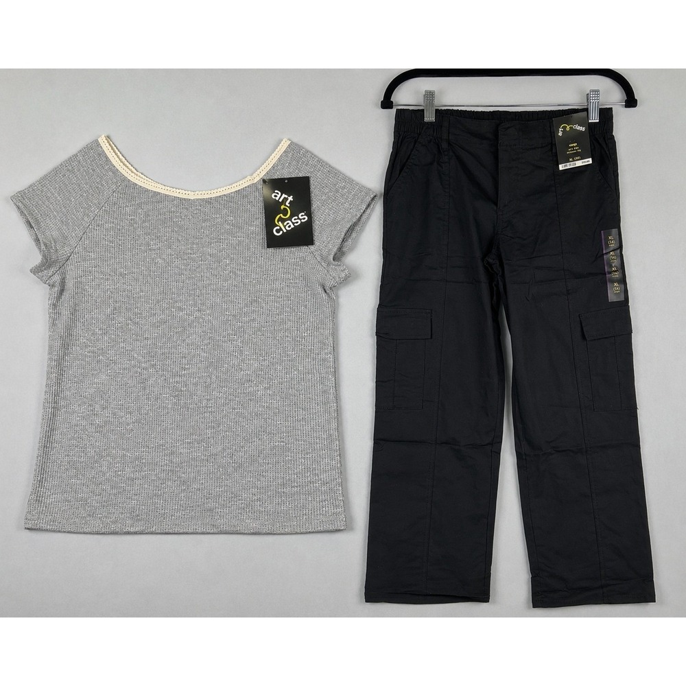 Art Class Girls XL 14 Outfit‎ Set Gray Waffle Knit Top Black Cargo Pants NWT